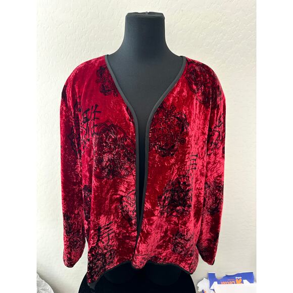 CHICO’S | Crushed Velvet Jacket Red Black Asian Print Open Front | Size 3 XL - Picture 2 of 5